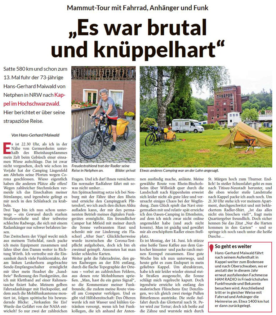 580 km waren es von Dreis-Tiefenbach nach Kappel im Hochschwarzwald - eine extreme und schwere Fahrradreise